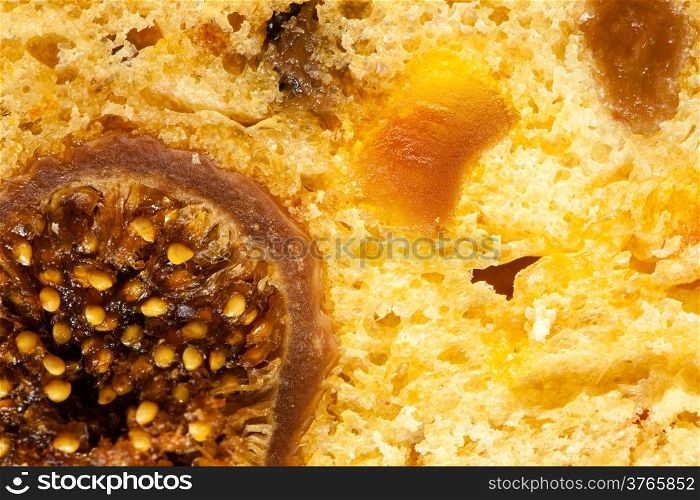 Close up fruit cake panettone stollen as food background