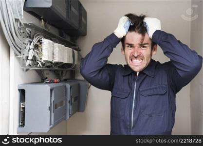 close up frustrated male electrician standing near electric board