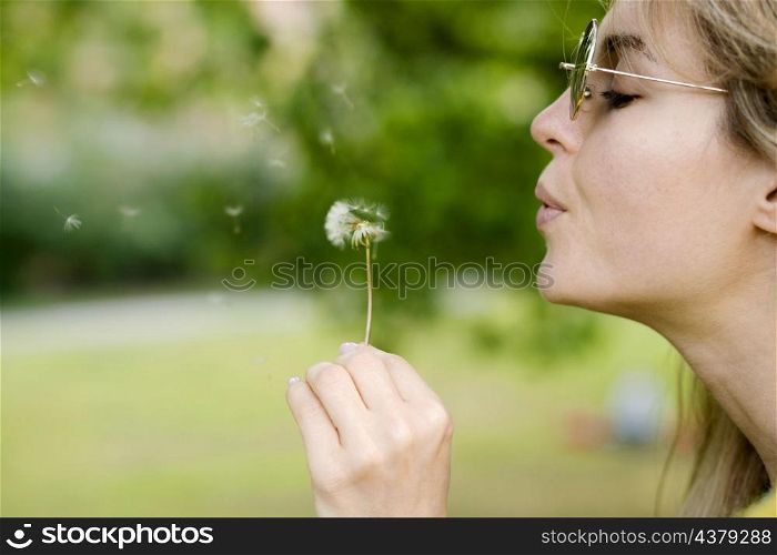 close up girl blowing dandelion