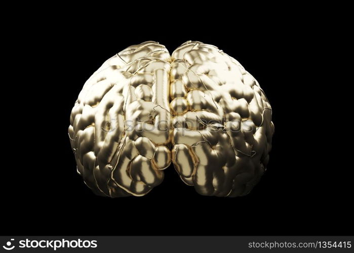 Close up Golden Brain Concept on black background. 3D Render.