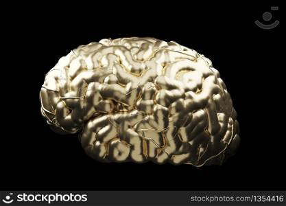 Close up Golden Brain Concept on black background. 3D Render.