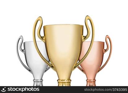 Close up golden,silver and bronze trophies on white background