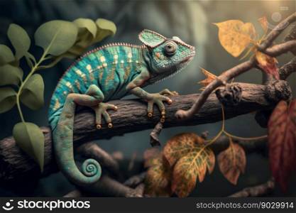 Close up green colored chameleon, digital illustration painting, Generative AI