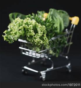 close up green leafy vegetables shopping cart black backdrop. High resolution photo. close up green leafy vegetables shopping cart black backdrop. High quality photo