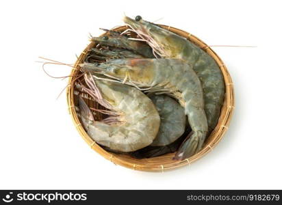 close up group of fresh raw pacific white shrimp in bamboo bowl on white background (Isolated background).