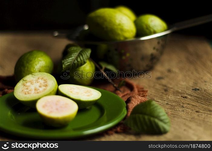 close up guava fruits plate