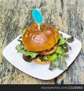close up hamburger food on wood table