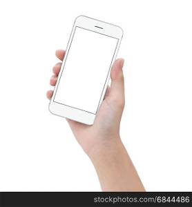 close-up hand hold phone isolated on white, mock up smartphone blank screen easy adjustment with clipping path