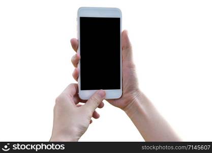 Close up Hand Holding Mobile smart phone Cellphone telephone mobile technology on white background