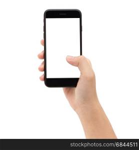 Close-up hand holding phone white screen isolated on white background clipping path inside. Close-up hand holding phone white screen isolated on white backg