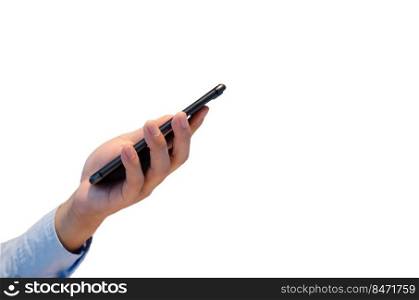 close up hand holding smartphone isolated on white background.