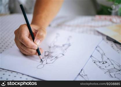 Close up hand of female designer holding pencil and drawing clothes sketches on paper in workshop
