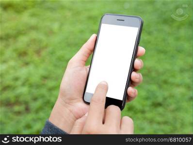 close-up hand touch on phone mobile screen outdoor lifestyle concept