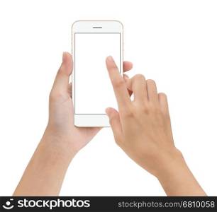 close-up hand touching phone mobile screen isolated on white, mock up smartphone blank screen easy adjustment with clipping path