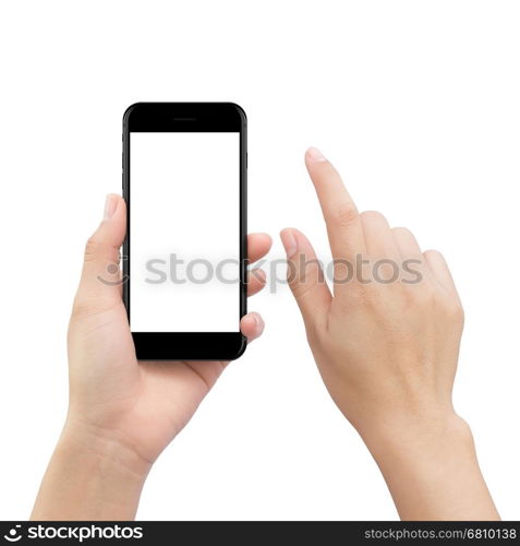 close-up hand touching smartphone screen isolated on white, mock up phone mobile blank screen easy adjustment with clipping path