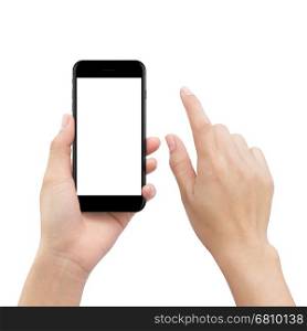 close-up hand touching smartphone screen isolated on white, mock up phone mobile blank screen easy adjustment with clipping path
