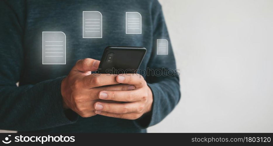 Close up hands holding smartphone. man using cellphone for marketing and searching data and social media on internet.technology business investment concept