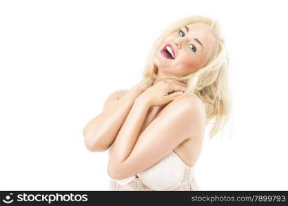 Close up Happy Young Blond Woman,with Flawless Skin Touching, Posing In Front of the Camera While Touching her Hair. Isolated on White.