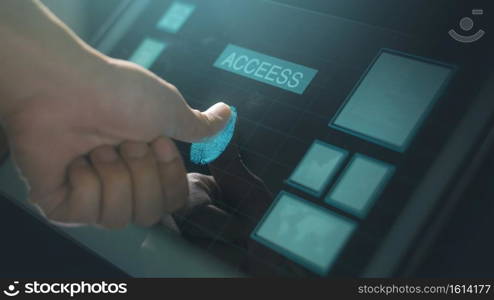 Close up human finger is touching interface computer monitor, fingerprint biometric identity and approval.  future security and password control through fingerprints technology and cybernetic, business