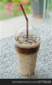 close up Iced coffee with straw in plastic cup. Iced coffee with straw