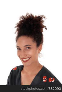 Close up image of a beautiful multi-racial woman in a black dress with some print and with her black hair in a bunof her head, isolated for white background