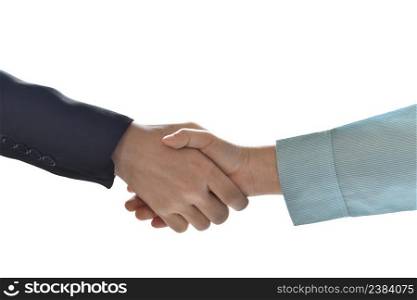 Close-up image of businessman handshake isolated on white background. Business partnership meeting concept.
