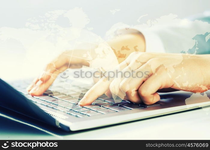 Close up image of businesswoman hands typing on keyboard. Businesswoman at work