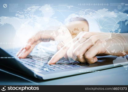 Close up image of businesswoman hands typing on keyboard. Businesswoman at work