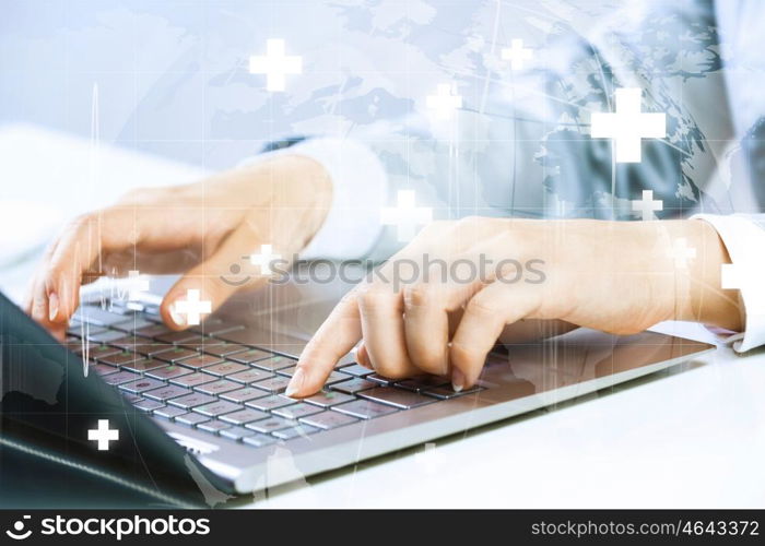 Close up image of businesswoman hands typing on keyboard. Businesswoman at work