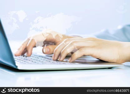 Close up image of businesswoman hands typing on keyboard. Businesswoman at work