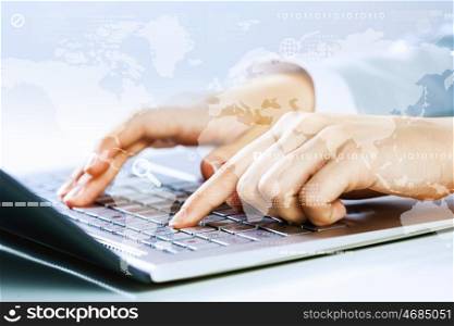 Close up image of businesswoman hands typing on keyboard. Businesswoman at work