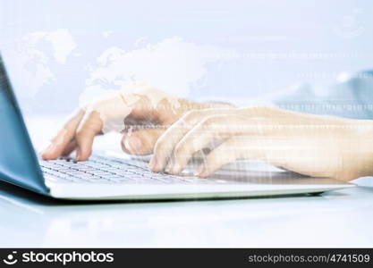 Close up image of businesswoman hands typing on keyboard. Businesswoman at work