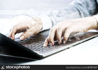 Close up image of businesswoman hands typing on keyboard. Businesswoman at work