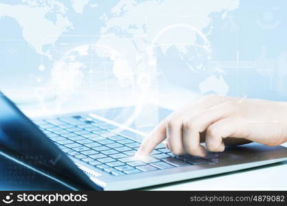 Close up image of businesswoman hands typing on keyboard. Businesswoman at work