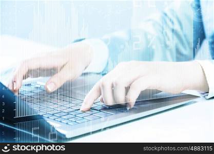 Close up image of businesswoman hands typing on keyboard. Businesswoman at work