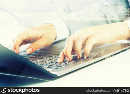 Close up image of businesswoman hands typing on keyboard. Businesswoman at work