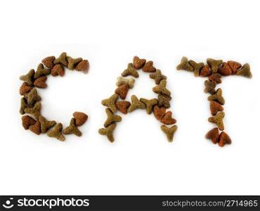 Close up image of dry cat food isolated on white background