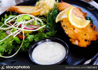 close up image of salmon steak