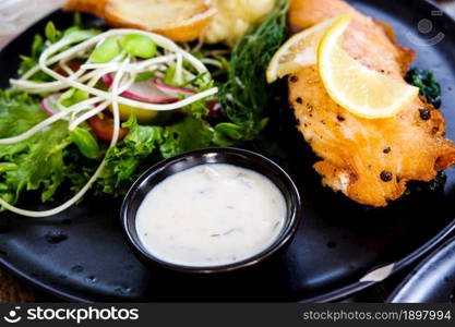 close up image of salmon steak