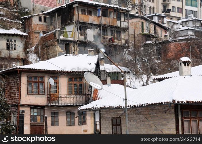 Close-up image of the niighborhood on the hill in the city of Veliko Tarnovo in Bulgaria in the winter