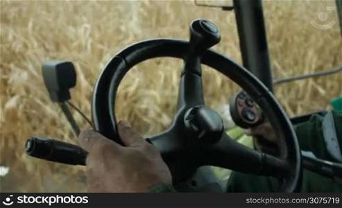 Close up in the cab of combine harvester gathering corn in farmland