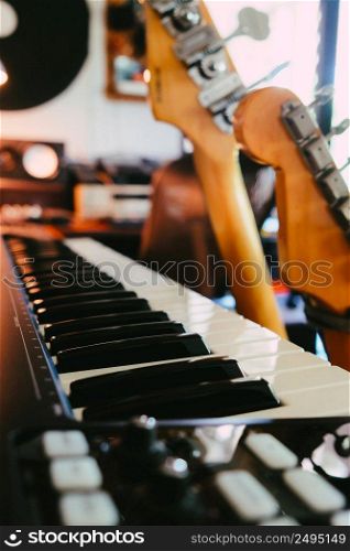Close up instruments music background concept,Guitar and studio equipment