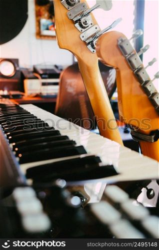 Close up instrumentsμsic background concept,Guitar and studio equipment