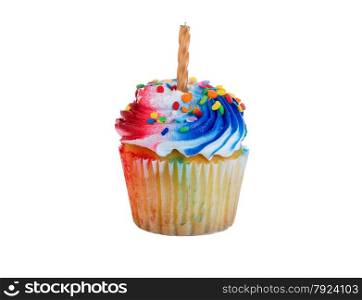 Close up isolated image of a frosted cupcake with candle. Fourth of July holiday concept with red, white and blue color frosting.