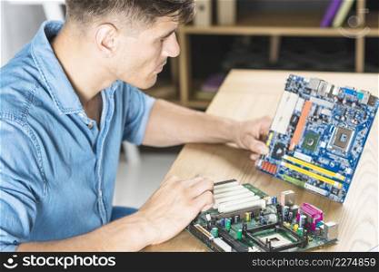 close up it man learning motherboard circuit