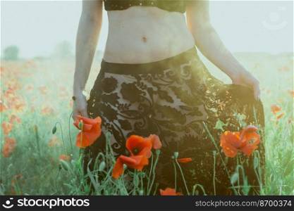 Close up lady in poppy field concept photo. Beautiful lady. Front view photography with sunlit meadow on background. High quality picture for wallpaper, travel blog, magazine, article. Close up lady in poppy field concept photo