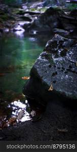 Close up large rock on riverbank concept photo. Narrow waterway. Front view photography with running creek on background. High quality picture for wallpaper, travel blog, magazine, article. Close up large rock on riverbank concept photo