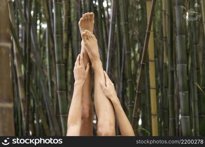 close up legs arms posing with bamboo