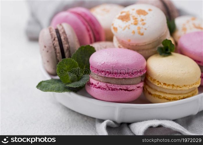 close up macarons bowl with mint. High resolution photo. close up macarons bowl with mint. High quality photo