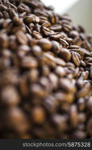 Close up macro shallow depth of field photograph of coffee beans in golden light